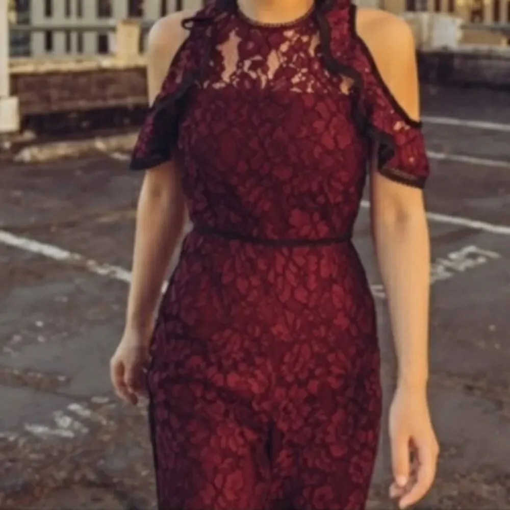 NWOT Alexis burgundy and black lace jumpsuit off shoulder holiday size X small